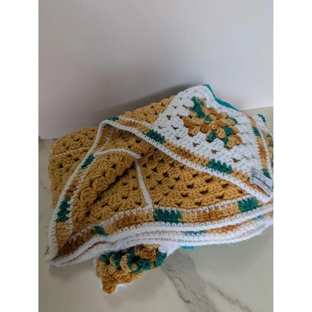 Vintage Teal & Gold Granny Square Afghan – Handmade St. Paul Sewing Guild